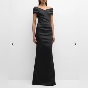 Rickie Freeman For Teri Jon Pleated Off-Shoulder Satin Column Gown